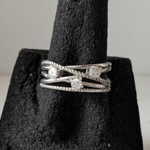 NEW STERLING SILVER THREE- STONE MULTI-BAND STATEMENT RING SIZE 7.5